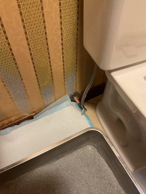 Completed tank rebuild service with installation of new toilet fixture, including proper connection of supply line and shut-off valve. Replaced three p-traps to ensure proper drainage. Waterproofing work was performed around shower pan area with temporary protection materials in place during installation.