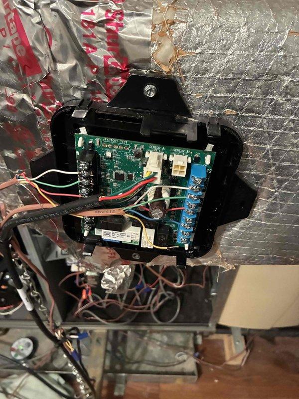 Responded to emergency heating service call for 2-year-old HVAC system experiencing issues on second and third floors. Performed diagnostic inspection of control board, identifying faulty connections at the blue terminal block where sensor wiring had become loose. Reconnected and secured all wiring to appropriate terminals, tested system functionality through complete heating cycle, and verified proper operation on all affected floors.