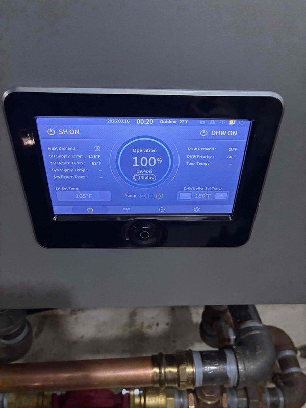 Successfully replaced failed circulator pump with new unit, restoring proper operation of the heating system. System testing confirmed normal functionality with supply/return temperatures within specifications and proper pressure readings of 21.3psi.