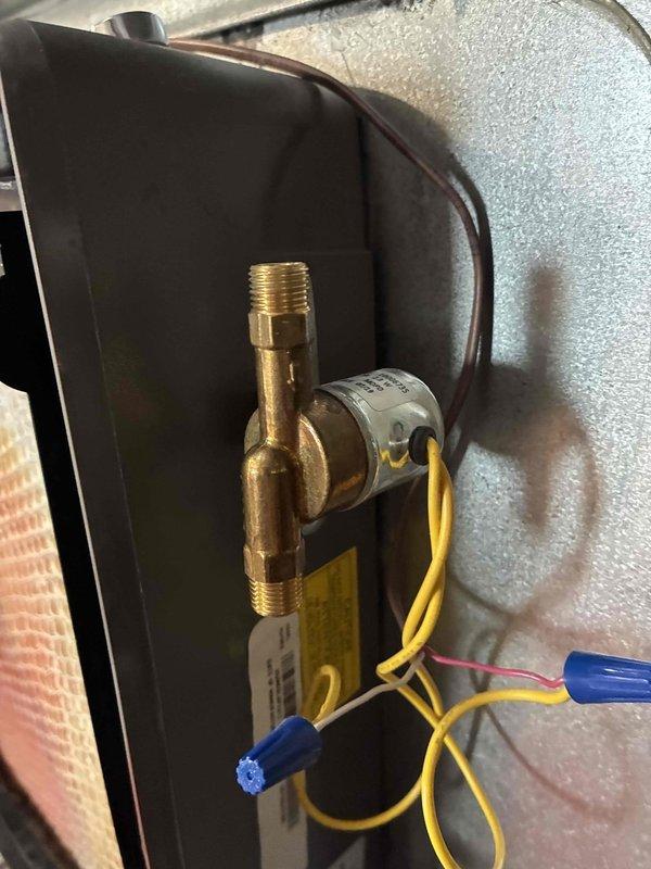 Performed diagnostics and service on customer's humidifier system that was experiencing dripping issues. Inspected brass valve assembly and plumbing connections, finding mineral buildup on the internal filter mesh. Cleaned filter element, adjusted water feed connection, and verified proper operation with no further leakage observed.