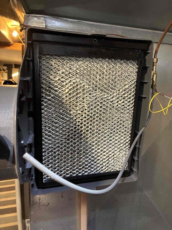 Performed diagnostics and service on customer's humidifier system that was experiencing dripping issues. Inspected brass valve assembly and plumbing connections, finding mineral buildup on the internal filter mesh. Cleaned filter element, adjusted water feed connection, and verified proper operation with no further leakage observed.