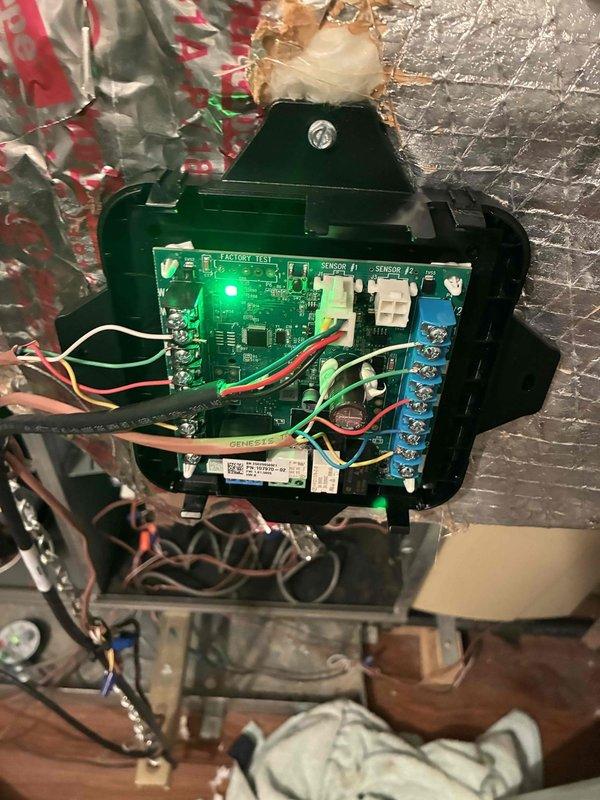 Successfully replaced defective Lennox dissipation board on HVAC system as scheduled in follow-up appointment. Repaired damaged flue pipe, including replacing the 3-inch to 2-inch adapter and approximately 3 feet of connecting pipe. Verified proper system operation as evidenced by illuminated green indicator light on new control board.