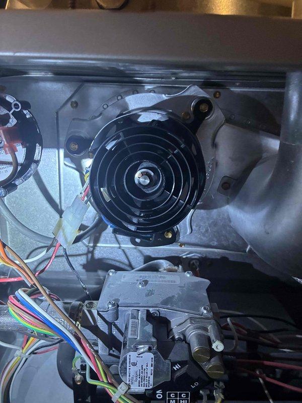 Diagnosed non-operational boiler with failed blower motor. Removed defective motor assembly, installed new replacement unit, and reconnected all wiring harnesses (green, red, yellow, blue, white) to control module. System tested and confirmed proper operation.