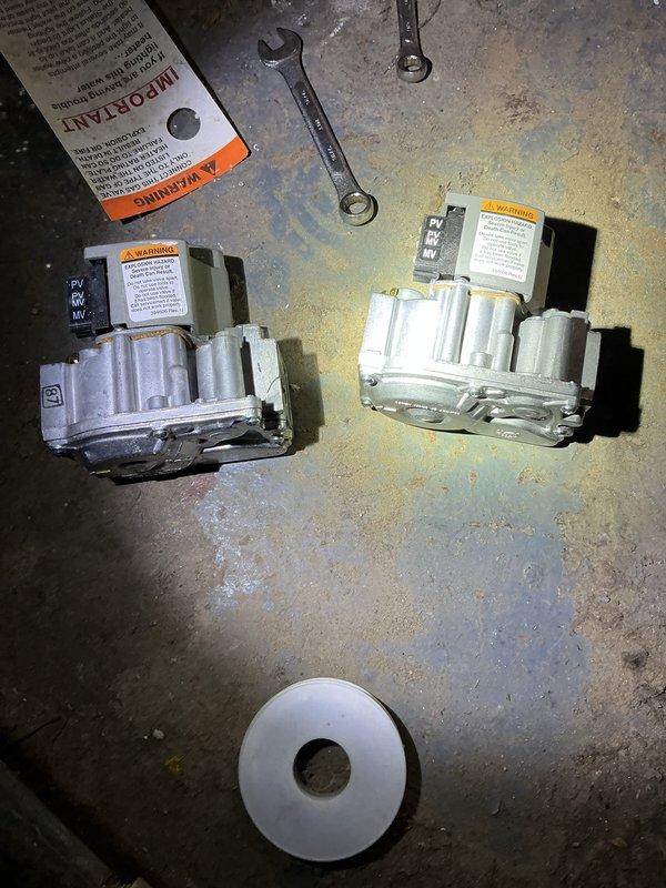 Returned to site and successfully replaced the defective gas valve and pressure relief valve on the heating unit. Removed the old components, installed new factory-specified gas valve with proper torque specifications, and replaced the pressure relief valve to restore safe operation. Tested system operation and verified proper gas flow and pressure settings upon completion.