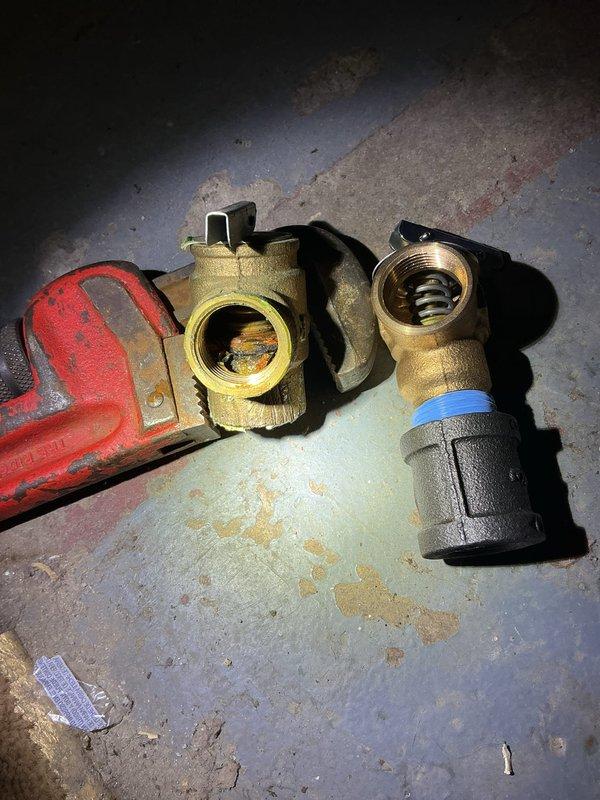 Returned to site and successfully replaced the defective gas valve and pressure relief valve on the heating unit. Removed the old components, installed new factory-specified gas valve with proper torque specifications, and replaced the pressure relief valve to restore safe operation. Tested system operation and verified proper gas flow and pressure settings upon completion.