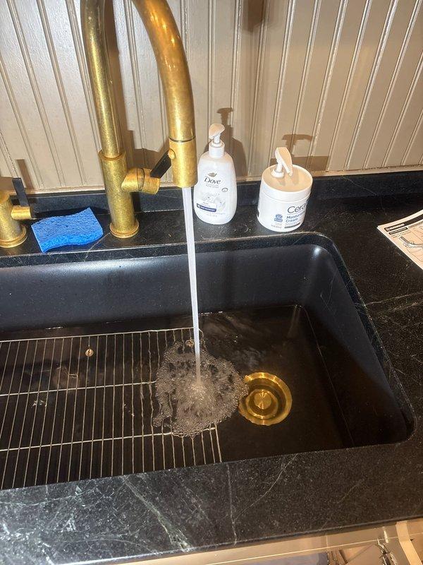 Removed and replaced two garbage disposal units under kitchen sink with black composite basin and brass fixtures. Verified proper drainage operation and tested water flow through both disposal drains to ensure leak-free connections and optimal functionality.