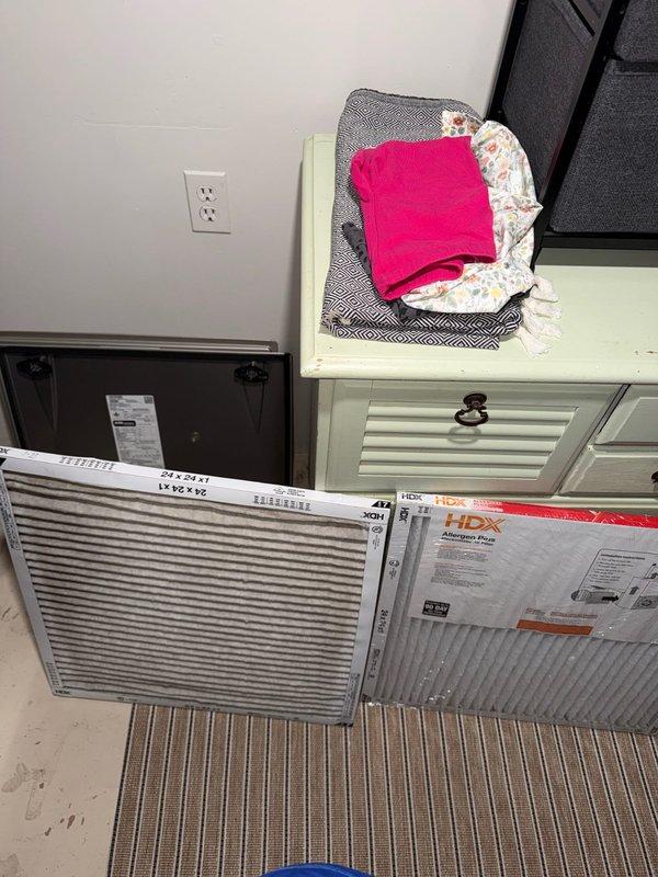 Performed routine HVAC maintenance agreement service, including inspection of blower wheel assembly and replacement of 24x24x1 air filter. Removed dirty filter showing significant dust accumulation and installed new HDX replacement filter to restore proper airflow and system efficiency.