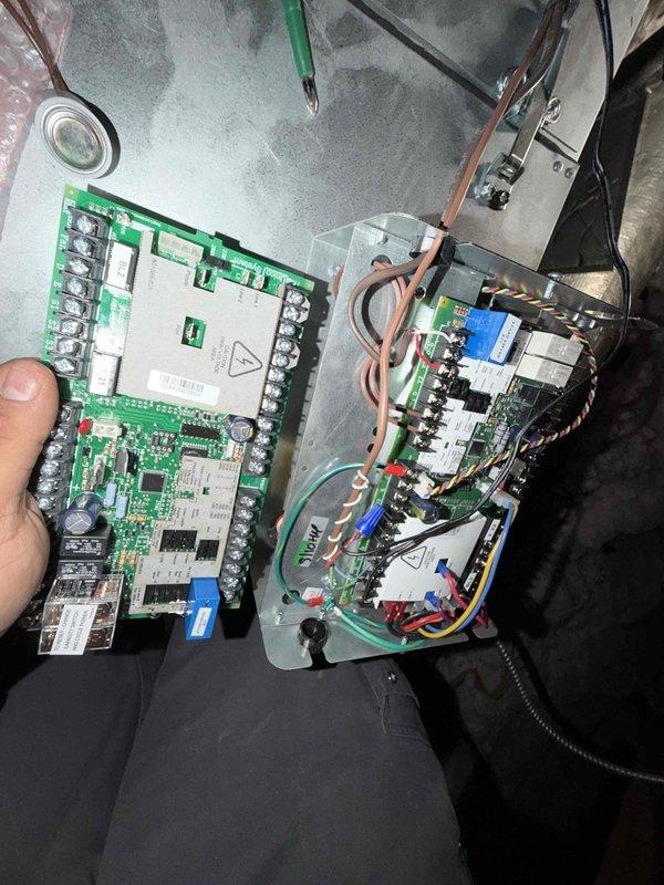 Returned to property to complete warranty repair by replacing defective control board. Removed failed circuit board from HVAC unit and installed new warranty replacement part. Verified all wire connections were properly transferred to new board, including terminal block connections and multi-conductor ribbon cables. Tested system operation to confirm proper functionality of new control board. Unit now operating within normal parameters.