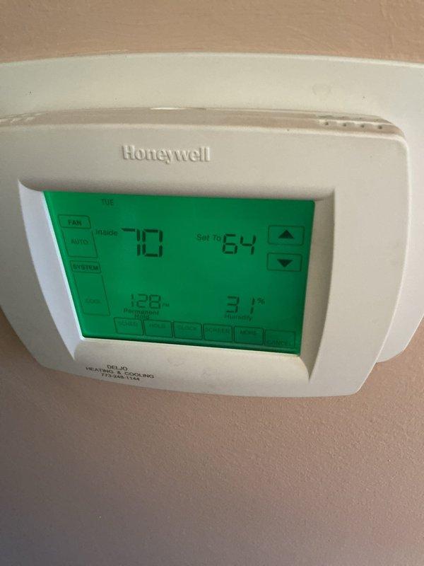 Completed commercial HVAC maintenance agreement service on air conditioning system. Inspected ductwork, electrical connections, and thermostat operation; confirmed system functional with thermostat displaying proper temperature readings. Note: CC AC 201 media filter replacement not included in this service visit, scheduled for fall general service.