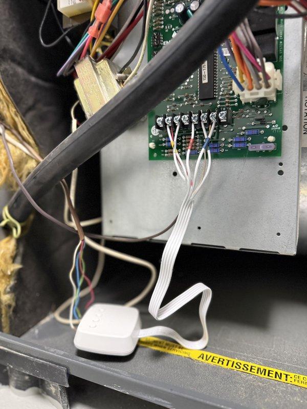 Performed comprehensive inspection of HVAC and plumbing systems at residential property prior to closing. Replaced existing thermostat with new Ecobee3 smart thermostat, completing all necessary wiring connections to terminal block including Y1, Y2, OB, Rc, Rh, W1, W2, and AOC terminals, and verified proper installation and system communication with furnace control board.