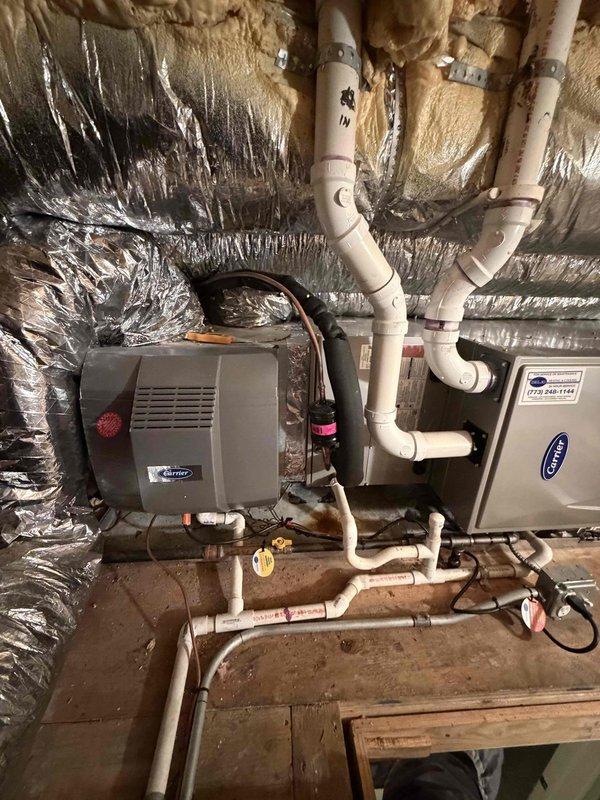 Completed comprehensive maintenance agreement service on three furnace units and two humidifier systems. Performed thorough inspection of all internal components including blower motors, heat exchangers, electrical connections, and condensate drainage systems. Verified proper operation of all equipment, checked wiring harnesses and connections, inspected PVC venting and drainage lines, and confirmed humidifier units were functioning correctly with proper water flow and distribution.