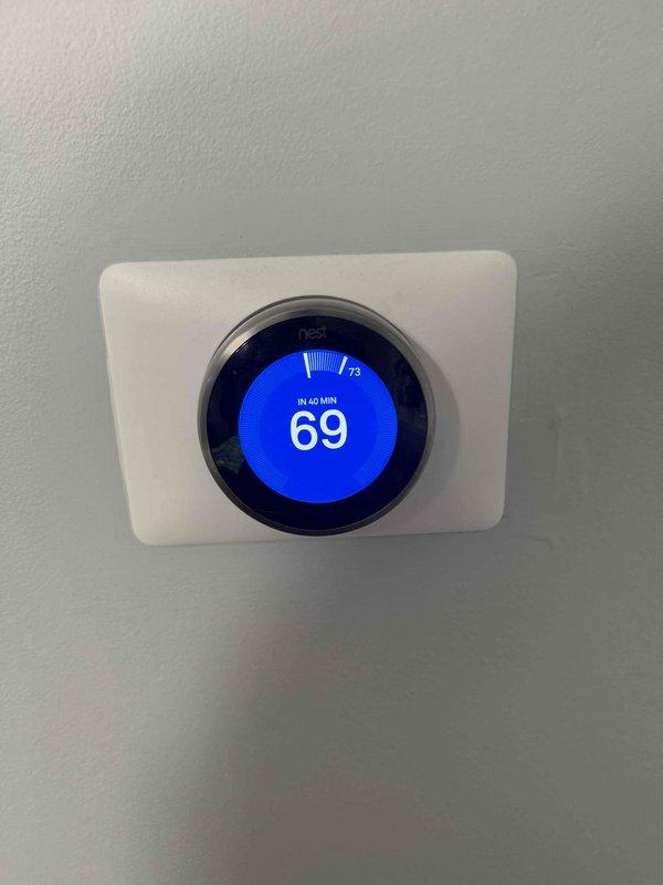 Completed maintenance agreement service on cooling system. Replaced 24x25x1 air filter that showed significant dust and debris accumulation. Verified Nest thermostat operation and system cycling properly with setpoint at 69°F.