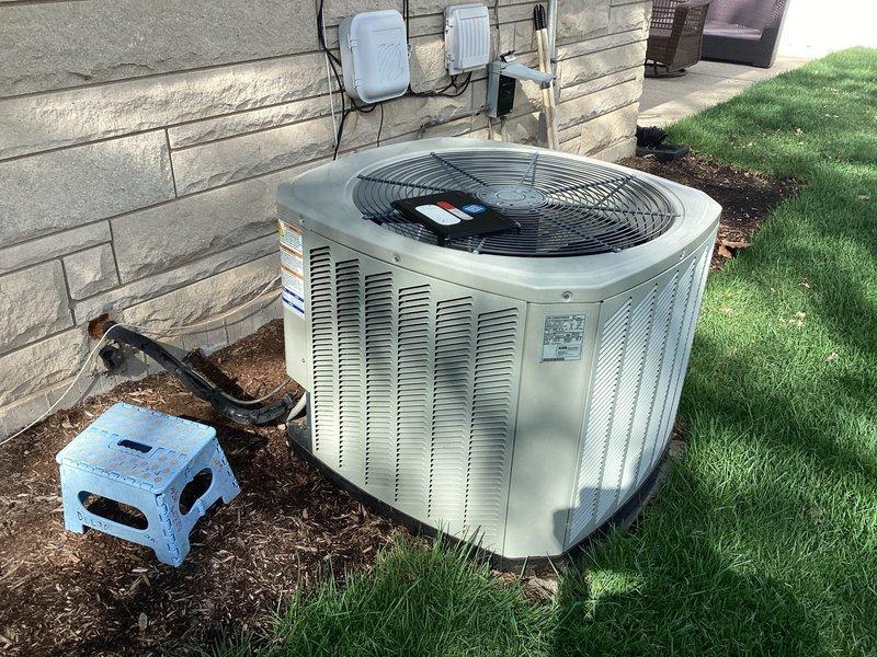Responded to service call for reduced air conditioning airflow. Diagnosed issue as restricted airflow caused by heavily loaded air filter. Replaced 16x25x5 HVAC filter with new unit, restoring proper system airflow and cooling performance. Inspected outdoor condenser unit and verified normal operation with adequate clearance and proper refrigerant line connections.