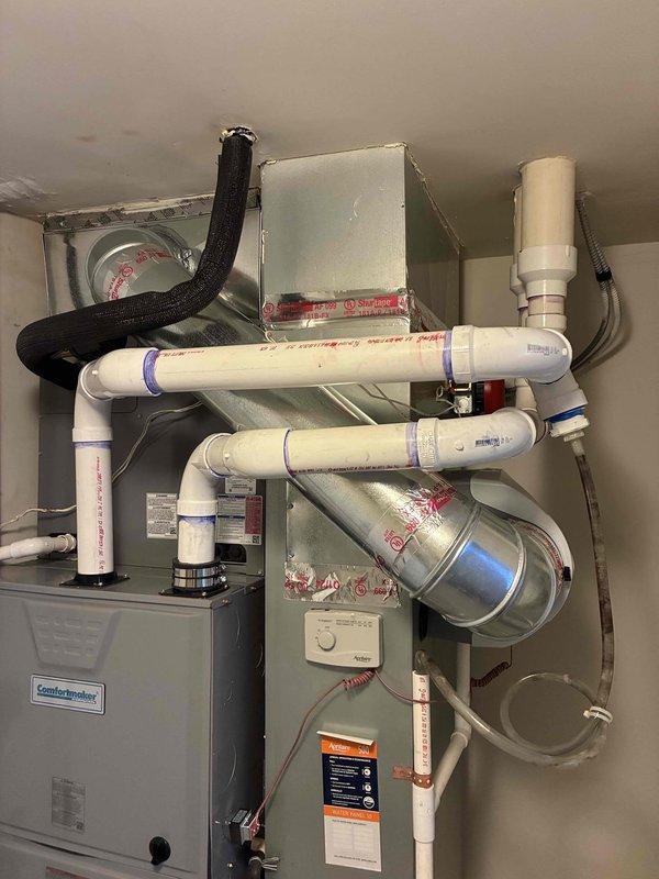 Responded to no cooling complaint on Comfortmaker HVAC system running continuously without reaching setpoint. Upon arrival, performed system diagnostics and visual inspection of air handler unit and associated components. Identified issue with system operation preventing adequate cooling capacity. Inspected thermostat communication, refrigerant lines, electrical connections, and ductwork configuration. Verified proper airflow through system and checked filter condition. Addressed the underlying cause preventing the unit from achieving desired temperature. System tested and confirmed operational with proper cycling and temperature differential. Unit now maintaining setpoint as designed.