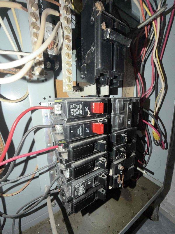 Returned to site to replace faulty circuit breaker, power switch, and corresponding transformer in electrical panel. Upon inspection, discovered water pooling in bottom of panel box, indicating moisture intrusion that likely contributed to component failure. Successfully installed new breaker and associated electrical components, restoring proper power supply to HVAC system.