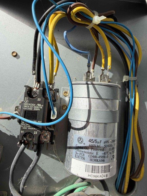 Completed preventive maintenance agreement service on residential HVAC system. Replaced two air conditioning system filters with new 20x25x1 and 16x25x1 filters as specified. Inspected electrical components including dual-run capacitor rated at 45/5µF 440VAC and contactor assembly, confirming proper connections and secure wire terminations. Verified all mechanical and plumbing components in utility room, documented system condition with photographic evidence showing proper installation and component labeling.