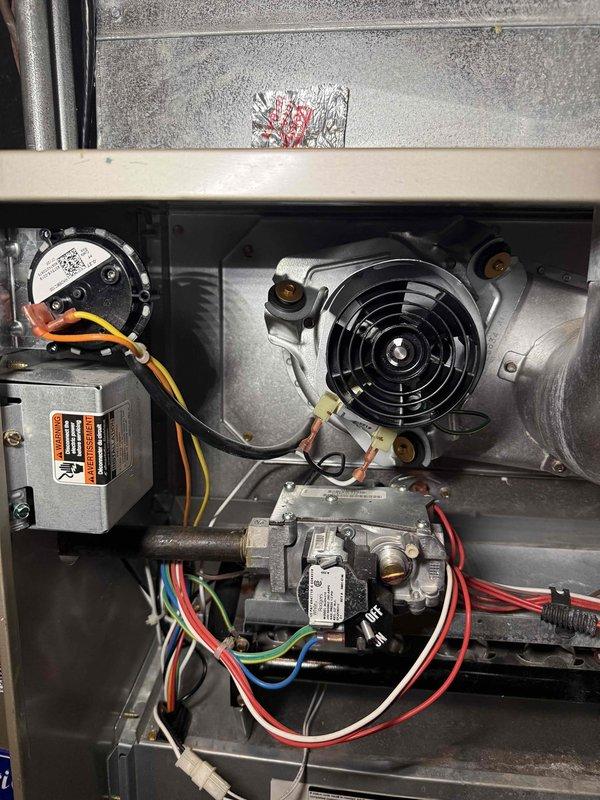 Completed HVAC maintenance agreement service including replacement of inducer motor and pressure switch on heating system. Changed one 20x25x1 air filter and replaced damper actuator as requested. Inspected all mechanical components, gas valve connections, and blower assembly to ensure proper operation of system.