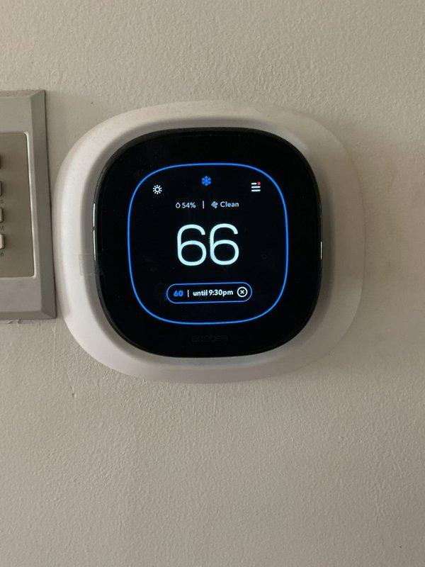 Performed comprehensive maintenance on two condenser units as part of seasonal agreement service. Inspected HVAC system components including air filtration, noting dust accumulation on pleated filters in mechanical room, and verified thermostat operation displaying proper temperature readings and scheduling functions.