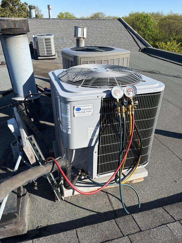 Completed preventive maintenance on rooftop air conditioning system with 16x25x1 air filter replacement. Performed system diagnostics using manifold gauges to verify proper refrigerant pressures and operating conditions. Inspected electrical components including capacitor and contactor, verified all wire connections were secure, and confirmed unit operation. All equipment found to be functioning within normal parameters.