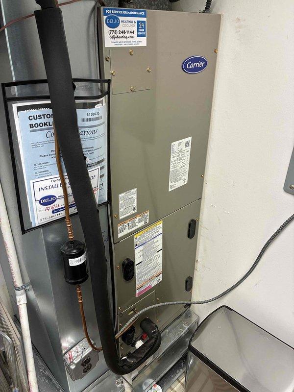 Completed HVAC maintenance agreement service on Carrier air handler system. Changed out 16x20x1 air filter and performed general system inspection. Verified proper operation of equipment, checked refrigerant lines for leaks, and confirmed adequate condensation drainage from evaporator coil. All components operating within normal parameters at time of service.