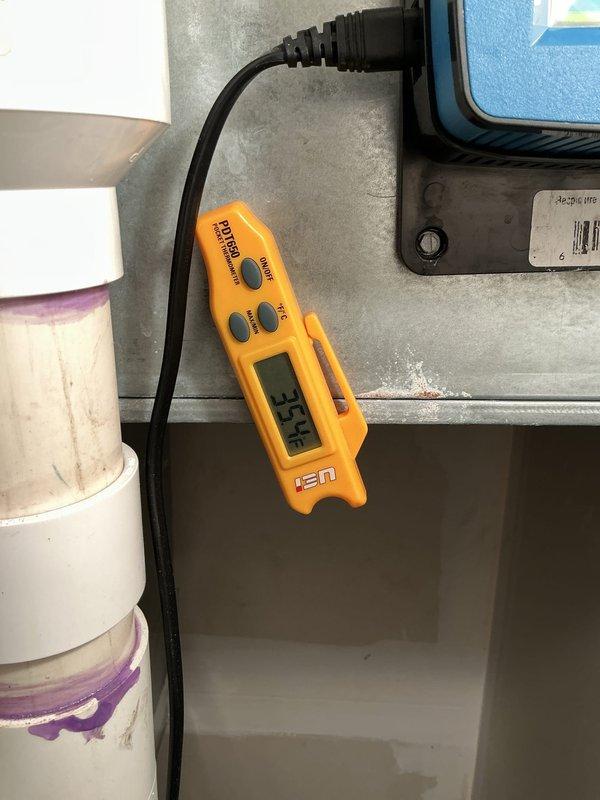 Completed cooling call on two air conditioning systems. Performed general service inspection on both units. Noted 16x25x1 dynamic filter not included in service. Recommended replacement of UV light bulb. Documented equipment conditions with photos showing testing equipment readings and basement mechanical room setup with HVAC equipment, ductwork, and PVC piping.