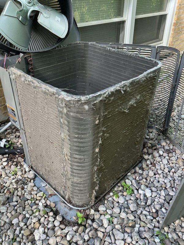 Completed routine HVAC maintenance agreement service on residential air conditioning system. Changed 16x20x1 air filter and performed general system check, confirming outdoor condenser unit operational status with proper clearance and normal wear patterns consistent with regular use.