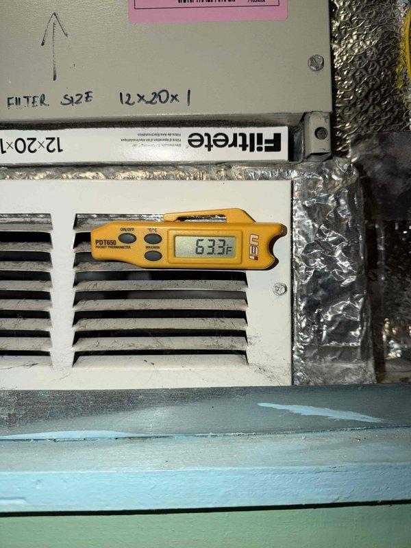 Completed comprehensive maintenance agreement service on three condensing units and corresponding air handlers. Performed system diagnostics with digital thermometer, recording temperature differentials and verifying proper airflow through supply registers. Inspected and confirmed proper 12x20x1 Filtrete filter installation in return air grille, ensuring adequate airflow and system protection. Checked flexible ductwork connections for secure installation and proper insulation integrity. All equipment operating within manufacturer specifications with no deficiencies noted.