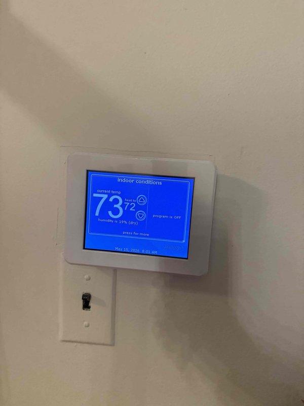 Completed cooling check on single air conditioning system per maintenance agreement. Verified thermostat operation showing 73°F indoor temperature with 35% humidity and confirmed proper temperature differential with supply air reading 48.2°F at the unit. System operating within normal parameters with no deficiencies noted.