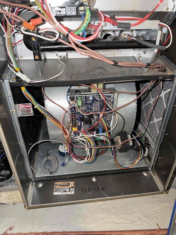 Completed comprehensive cooling maintenance agreement on residential HVAC system, including inspection of indoor air handler unit and outdoor condenser unit. Performed standard maintenance protocol: checked electrical connections and wiring throughout system, inspected control boards and internal components, verified proper operation of heating elements and coils, installed 16x25x1 air filter, and documented system measurements of 12.8/7.4 amperage readings. Both indoor and outdoor units found in good operating condition with all components functioning within normal parameters.