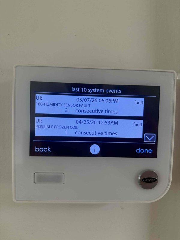 Responded to service call for Carrier HVAC system experiencing multiple fault alerts. Upon arrival, accessed system diagnostics through thermostat control panel and documented recurring error codes including excessive static pressure (210 fault - 25 consecutive occurrences), possible frozen coil conditions (multiple instances), and humidity sensor fault (160 fault - 3 consecutive times). Photographed system event log showing fault history spanning multiple weeks. System requires follow-up evaluation during warmer weather conditions to properly assess airflow restrictions, coil freezing issues, and static pressure concerns when system is under normal cooling load. Consulted with supervisors on-site regarding diagnostic findings and recommended service plan. Initial assessment completed; system monitoring ongoing pending seasonal temperature increase for comprehensive evaluation and repair.