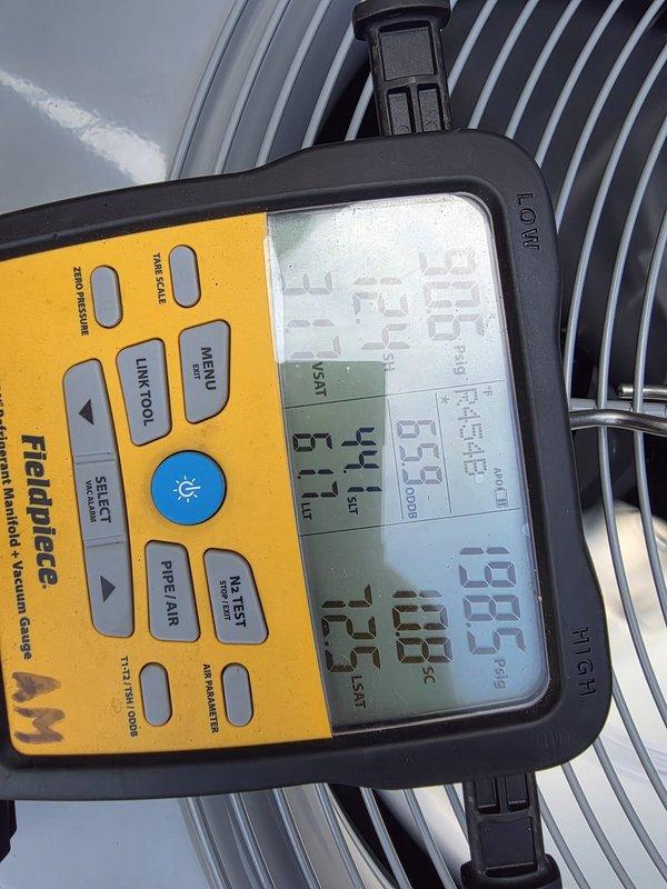 Replaced condenser unit under warranty per manufacturer coverage. Verified proper refrigerant pressures, superheat at 12.0°F, and subcooling at 1.2°F using calibrated HVAC diagnostic gauges. System operating within normal parameters with satisfactory airflow across coil and appropriate temperature differentials confirmed.