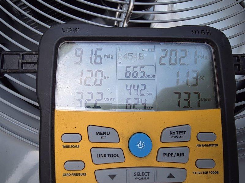 Replaced condenser unit under warranty per manufacturer coverage. Verified proper refrigerant pressures, superheat at 12.0°F, and subcooling at 1.2°F using calibrated HVAC diagnostic gauges. System operating within normal parameters with satisfactory airflow across coil and appropriate temperature differentials confirmed.