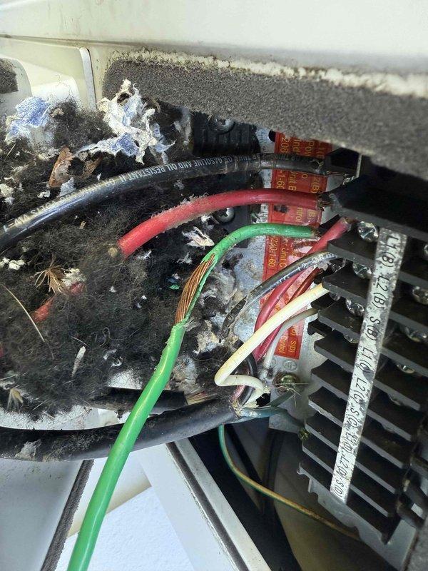 Returned to site with diagnostic equipment to further troubleshoot system malfunction. Upon inspection, discovered severely deteriorated electrical junction box and motor connections with extensive debris accumulation, moisture damage, and corroded components. Documented conditions with photographs showing compromised wiring, damaged insulation materials, and degraded terminal connections requiring immediate attention. Additional diagnostic testing with smart tools will be necessary to determine full extent of electrical system damage and develop comprehensive repair plan.