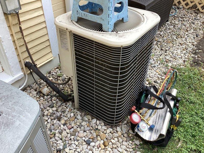 Performed preventive maintenance agreement service on dual air conditioning system. Replaced air filters with 16x20x1 and 16x25x1 units as specified. Addressed cooling deficiency complaint on one AC unit by connecting manifold gauges to outdoor condenser, checking refrigerant pressures and system performance. Inspected both outdoor condensing unit and indoor furnace/air handler components. Verified proper operation of gas furnace and ductwork connections. Completed system evaluation and restored adequate cooling performance to affected unit.