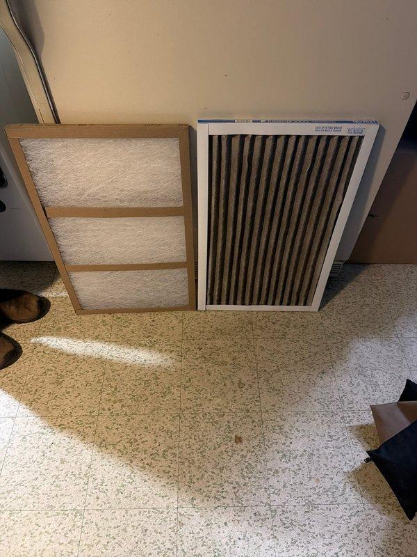 Performed routine HVAC maintenance agreement service on system with two condensers. Inspected control board and electrical connections within the unit, verifying proper wiring harness connections and component operation. Replaced two air filters: one 16x25x1 and one 14x25x1, removing old filters and installing new pleated media filters to maintain proper airflow and system efficiency.
