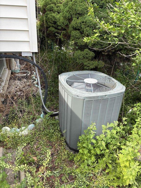 # Service Summary

Responded to no-cool complaint on 10-year-old residential air conditioning system. Upon arrival, found outdoor condenser unit heavily obstructed by overgrown vegetation and coil significantly contaminated with dirt and debris accumulation. Blower motor confirmed non-operational during initial inspection.

# Work Performed

Cleared vegetation from around condenser unit to restore proper airflow and accessibility. Conducted thorough visual inspection of evaporator coil, noting substantial dust and dirt buildup on aluminum fins and plates affecting heat transfer efficiency. Assessed blower motor assembly and determined motor failure as primary cause of no-cool condition.

Replaced failed blower motor with appropriate replacement unit. Cleaned evaporator coil fins to remove accumulated debris and restore airflow capacity. Inspected refrigerant lines and insulation for damage—found lines intact with insulation in serviceable condition. Verified all electrical connections 