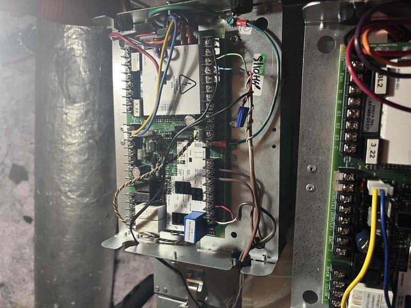 Returned to complete control board replacement on Unico system. Disconnected existing wire harnesses from failed control board, removed old board from enclosure, and installed new replacement control board. Reconnected all wire harnesses including multi-pin connectors to appropriate terminals, verified proper connections for all colored wiring, and tested system operation to confirm successful repair.