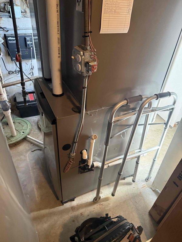 Completed preventive maintenance inspection on residential HVAC system including condenser unit and air handler. Performed temperature and airflow measurements in attic space, verified proper insulation clearances around ductwork, and inspected refrigerant lines and connections at furnace unit for leaks or wear. All components operating within normal parameters.
