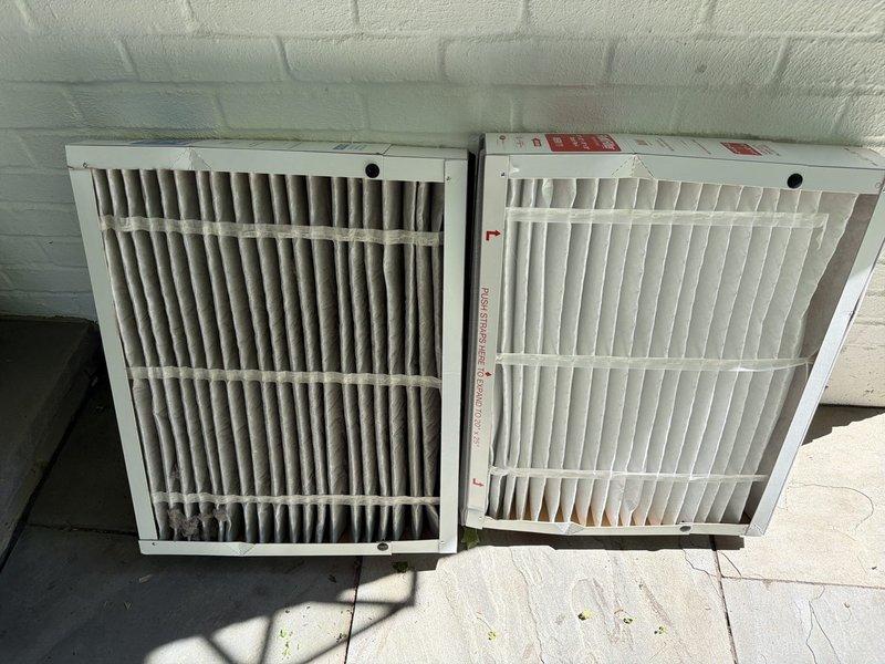Performed comprehensive HVAC maintenance agreement service on dual condenser system serving second and third floor air conditioning units. Inspected all air filtration components throughout the system in response to cooling deficiency complaints. Located and documented heavily soiled 16x25 filter requiring replacement, which was contributing to reduced airflow and diminished cooling performance. Installed new MERV 11 rated filter in previously identified filter compartment and verified proper fit and sealing. Checked all filter locations including main air handler filter banks to ensure complete system filtration coverage with no missing components. Serviced both condenser units as specified under maintenance agreement protocol. System airflow restored to proper specifications following filter replacement, addressing the cooling concerns on upper floors.