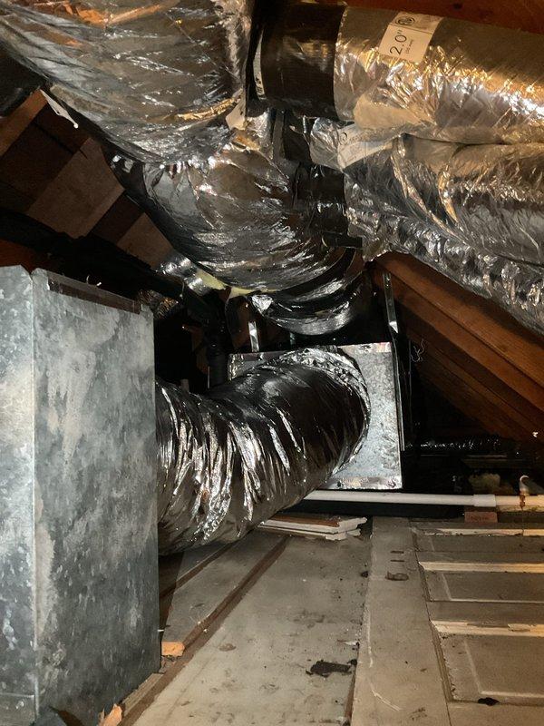 Completed preventative maintenance inspection on condenser unit as part of annual HVAC maintenance agreement. Verified all ductwork connections and insulation integrity in attic space, confirmed proper airflow distribution throughout flexible duct system, and replaced MERV 8 air filter at indoor air handler location. All system components operating within normal parameters with no deficiencies noted.