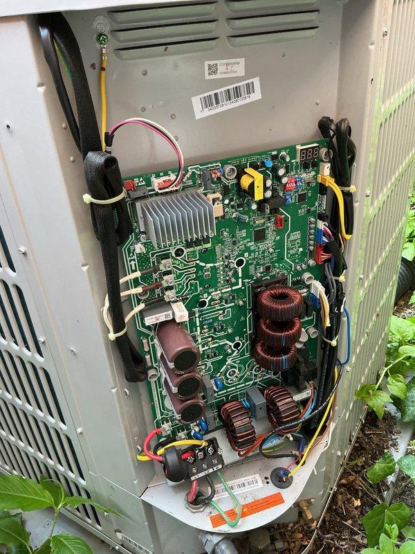 Responded to callback for AC blowing warm air with continuously running fan following previous repair. Upon arrival, accessed outdoor unit and performed diagnostic testing on control board and electrical system using clamp meter to verify amperage draws and system operation. Inspected circuit board components, wiring connections, and control sequences to identify root cause of malfunction. Documented findings with photos of control board assembly and electrical measurements for warranty and quality assurance purposes.