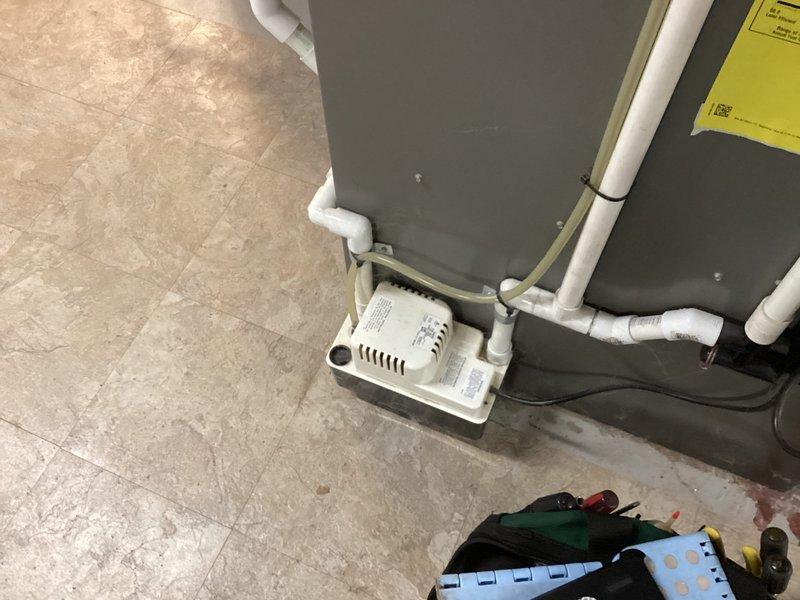 Completed routine HVAC maintenance agreement service on residential air handler system with condensate pump. Performed standard inspection of unit components, verified proper operation of drainage system and PVC piping connections, and confirmed condensate pump functionality. System operating within normal parameters upon completion of maintenance visit.