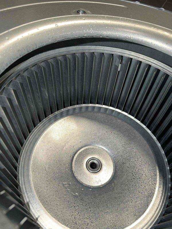 Performed return visit to complete cleaning of two blower assemblies as part of catch-up on the week's scheduled maintenance work. Both squirrel cage blower wheels showed significant dust accumulation on the vertical fins and required thorough cleaning to restore proper airflow and system efficiency. Disassembled blower housings, removed debris from centrifugal fan blades, cleaned gasket seals, and reassembled units to manufacturer specifications.