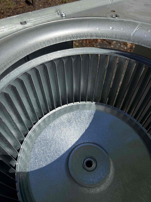 Performed return visit to complete cleaning of two blower assemblies as part of catch-up on the week's scheduled maintenance work. Both squirrel cage blower wheels showed significant dust accumulation on the vertical fins and required thorough cleaning to restore proper airflow and system efficiency. Disassembled blower housings, removed debris from centrifugal fan blades, cleaned gasket seals, and reassembled units to manufacturer specifications.