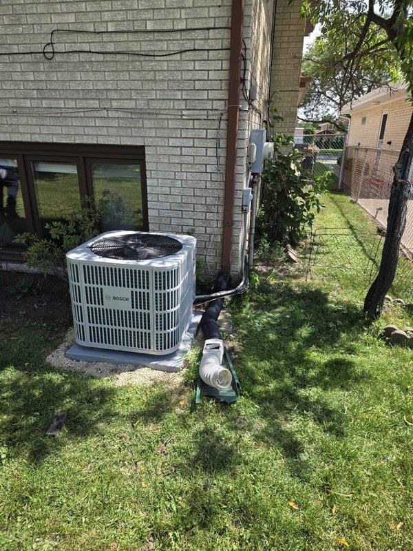 Completed full replacement of residential air conditioning system and Unico high-velocity HVAC system. Two-person crew removed existing equipment and installed new outdoor condensing unit on concrete pad with proper electrical connections, conduit routing, and system monitoring equipment. All ductwork, refrigerant lines, and control systems were replaced and tested to ensure optimal performance and efficiency.