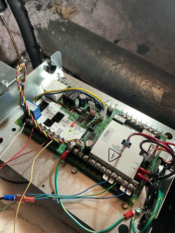 Returned to site to complete warranty repair on Unico air handler control system. Successfully installed replacement circuit board in the air handler unit, connecting all necessary wiring including power leads, control wires, and sensor connections to appropriate terminals. Removed failed control board from equipment and properly documented the defective component for warranty processing. Verified all electrical connections were secure and system wiring was correctly terminated to the new board. Tested air handler operation to confirm proper functionality following board replacement.