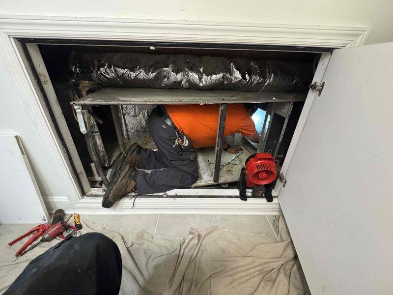 Completed full HVAC system replacement including outdoor condensing unit and horizontal air handler installation. Two-technician crew performed complete system removal and installation, running refrigerant lines, establishing proper connections, and configuring horizontal air handler in attic access space. All manufacturer specifications verified, system tested and confirmed operational with Puron refrigerant charge.