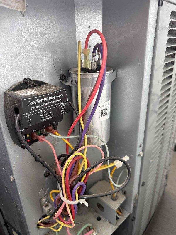 Completed comprehensive cooling maintenance on two air conditioning systems. Performed thorough inspection of electrical components including capacitors and compressor diagnostics using CoreSense diagnostic equipment for Copeland scroll compressor. Installed 16x25x1 general service air filter. All systems tested and operating within normal parameters upon completion.