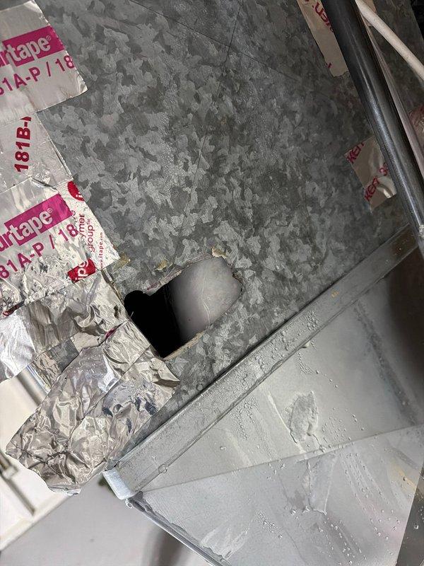 Responded to callback for recently installed AC system not maintaining desired temperature setpoint. Inspected ductwork and air handler components, documented insulation liner condition and UL-listed foil tape applications at seams and joints. Verified air filter installation and condition, confirmed proper pleated media filter in place with clean airflow surface. System operational upon departure.