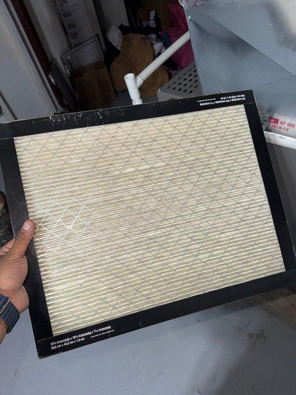 Responded to callback for recently installed AC system not maintaining desired temperature setpoint. Inspected ductwork and air handler components, documented insulation liner condition and UL-listed foil tape applications at seams and joints. Verified air filter installation and condition, confirmed proper pleated media filter in place with clean airflow surface. System operational upon departure.